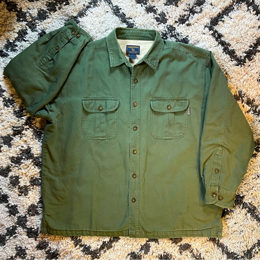 Vintage Woolrich Green Canvas Shirt Jacket, fully lined, XXL. Button-up.